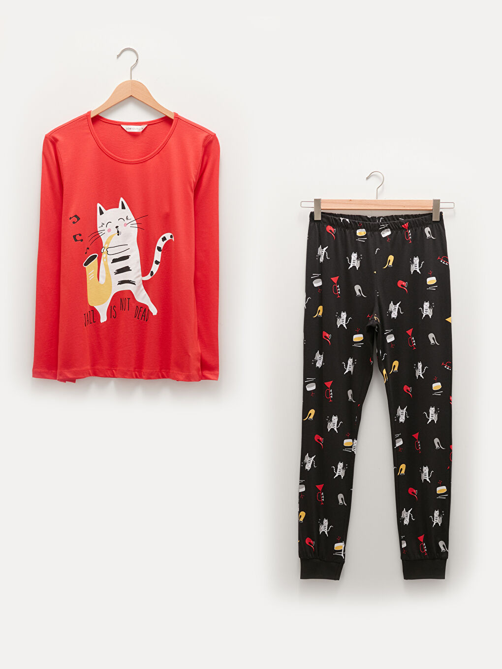 Kırmızı Bisiklet Yaka Baskılı Uzun Kollu Pamuklu Kadın Pijama Takımı-6