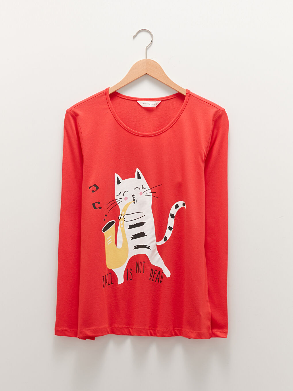 Kırmızı Bisiklet Yaka Baskılı Uzun Kollu Pamuklu Kadın Pijama Takımı-7