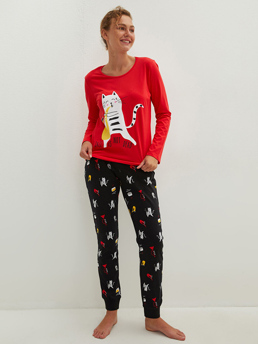 Kırmızı Bisiklet Yaka Baskılı Uzun Kollu Pamuklu Kadın Pijama Takımı-3