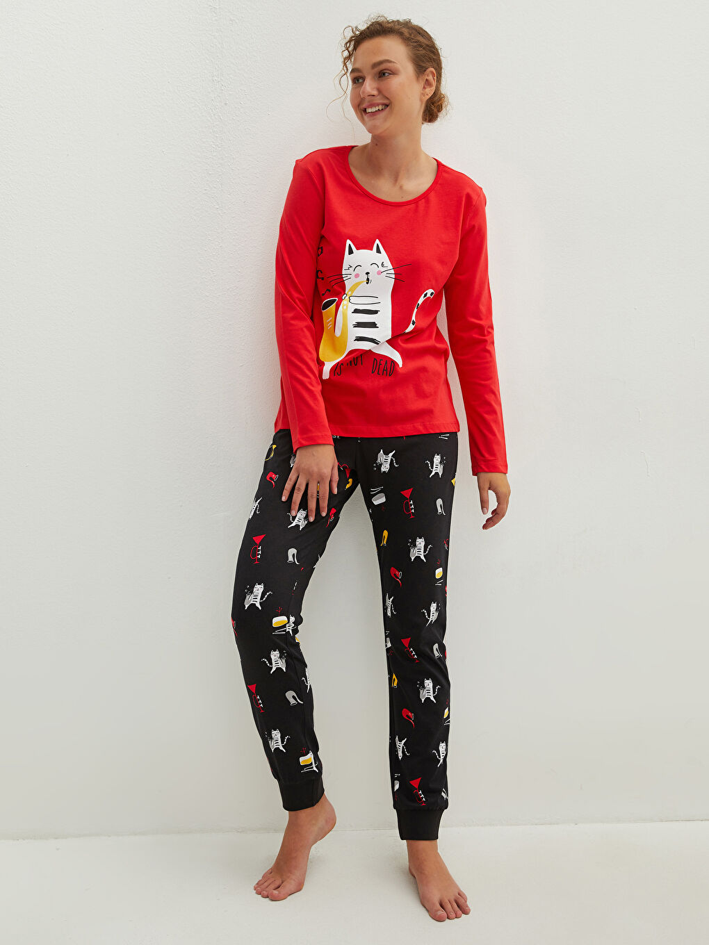 Kırmızı Bisiklet Yaka Baskılı Uzun Kollu Pamuklu Kadın Pijama Takımı-4