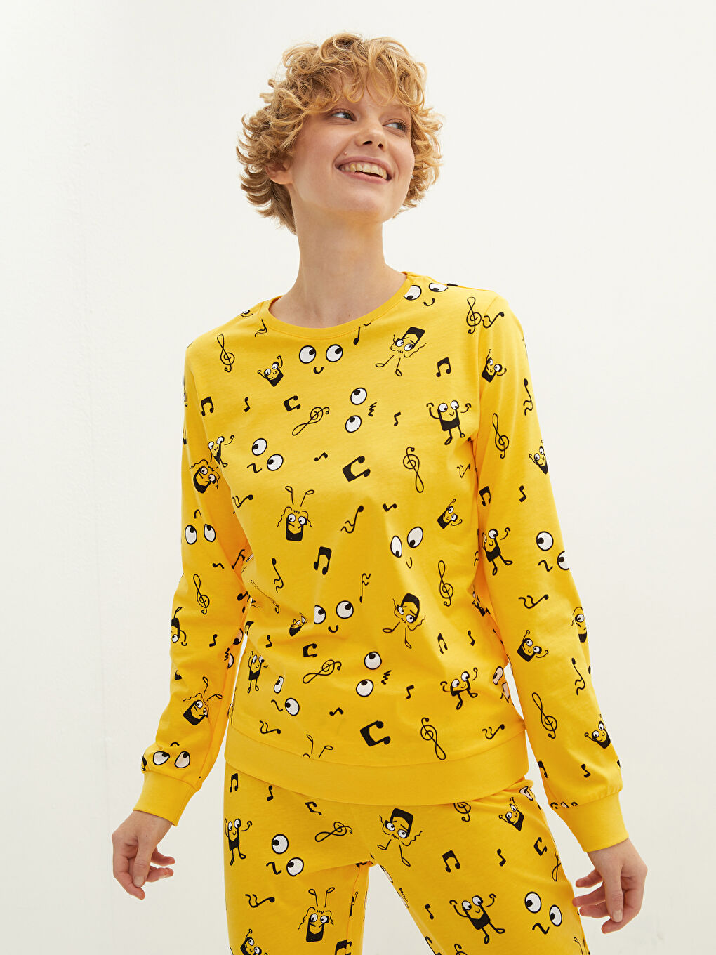 Crew Neck Printed Long Sleeve Cotton Women's Pajama Set