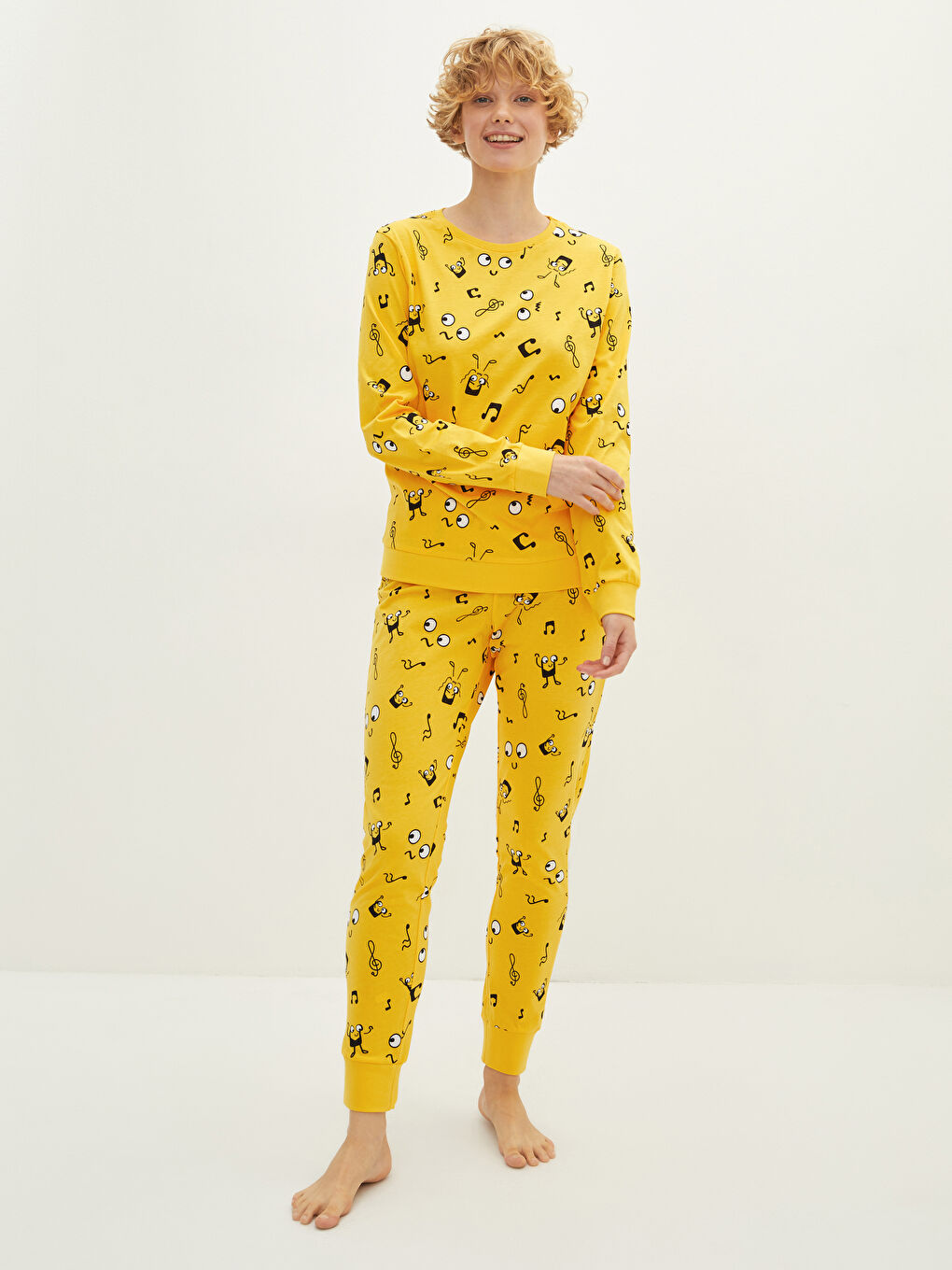 Crew Neck Printed Long Sleeve Cotton Women's Pajama Set-1