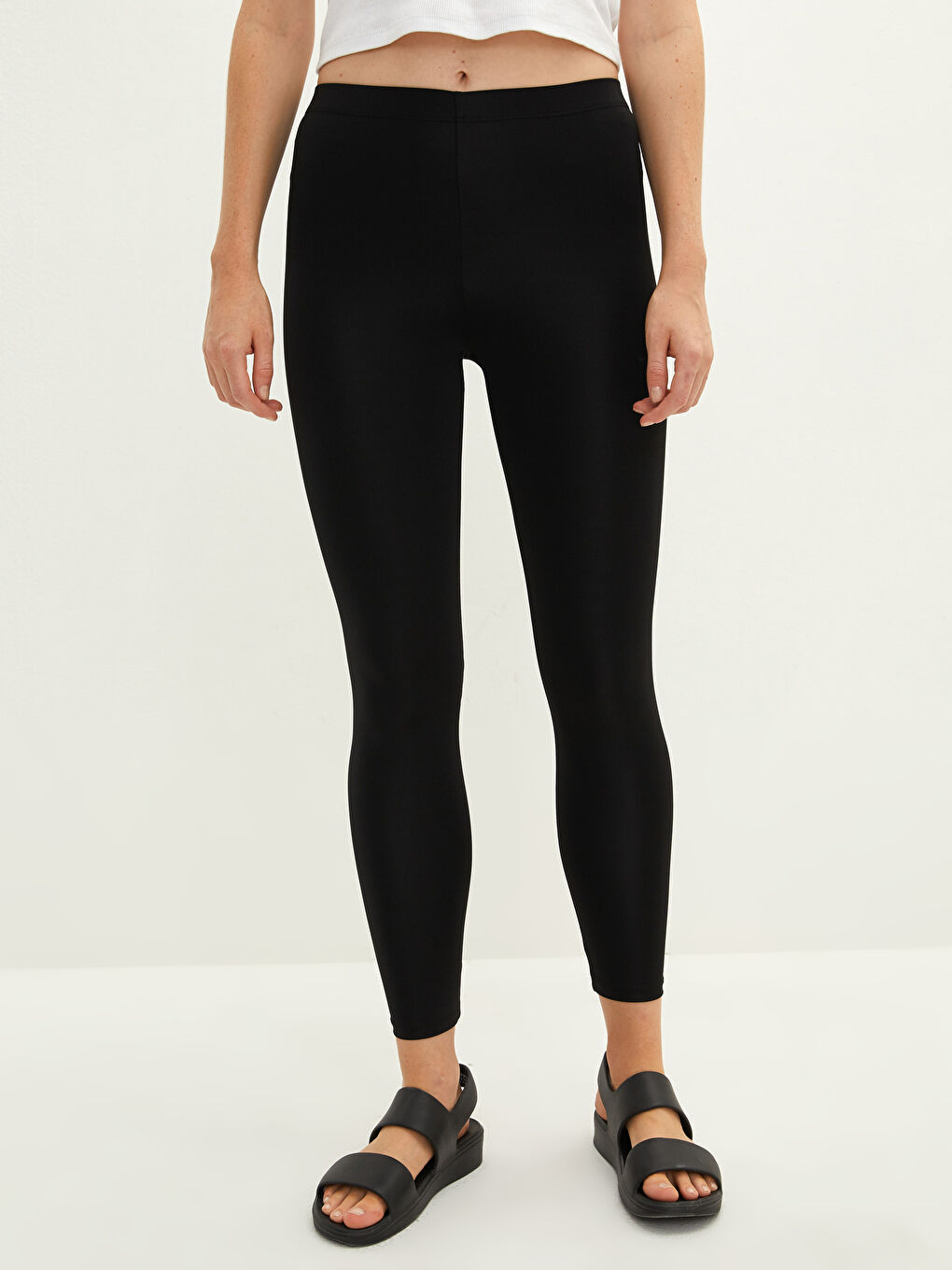 Siyah Kadın Beli Lastikli Düz Tayt-2