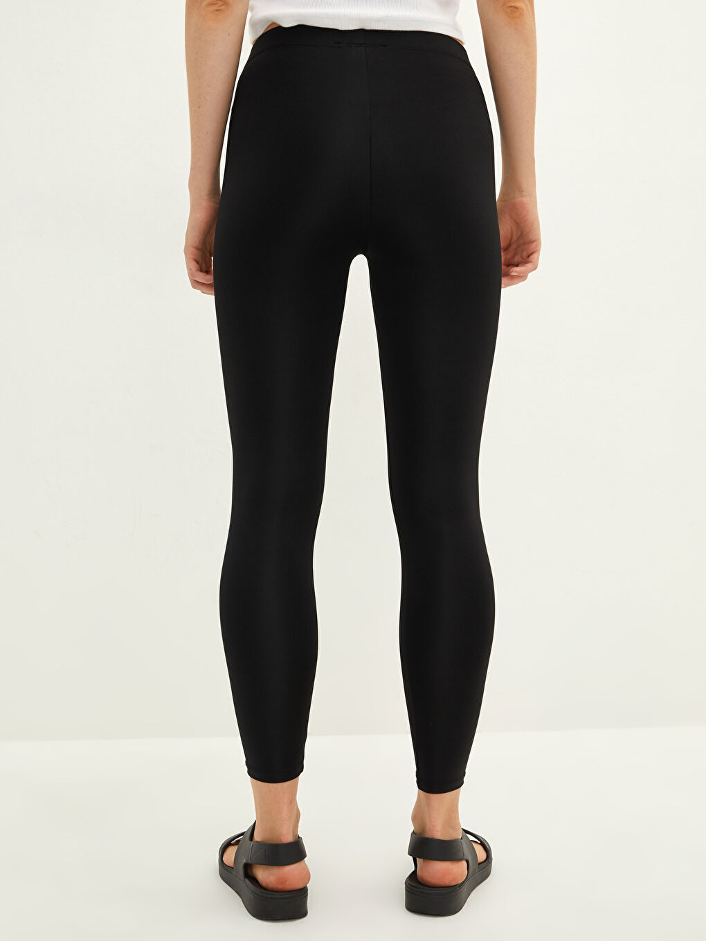 Siyah Kadın Beli Lastikli Düz Tayt-3