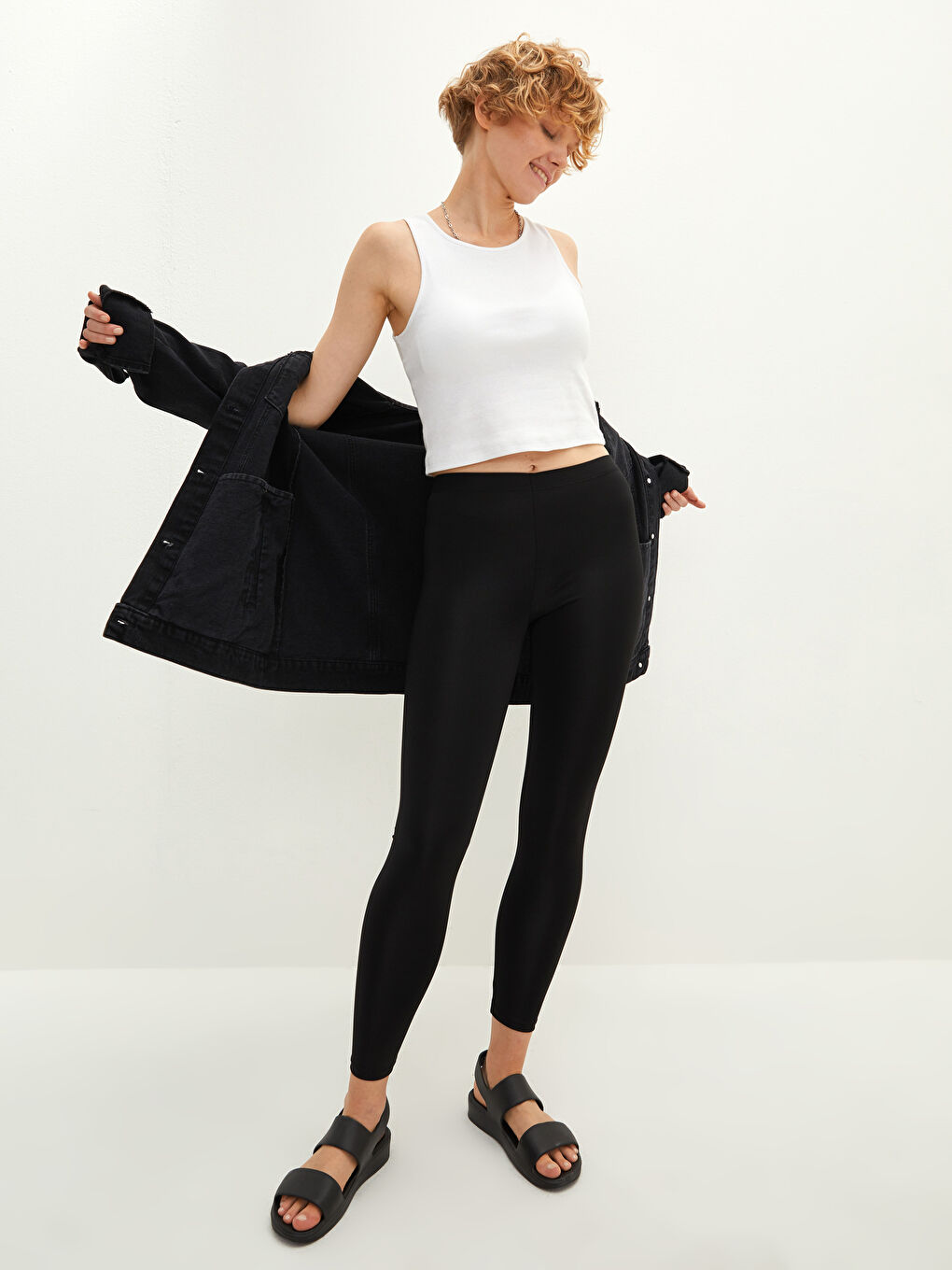 Siyah Kadın Beli Lastikli Düz Tayt