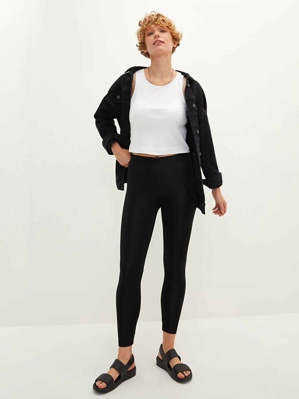 Siyah Kadın Beli Lastikli Düz Tayt-1