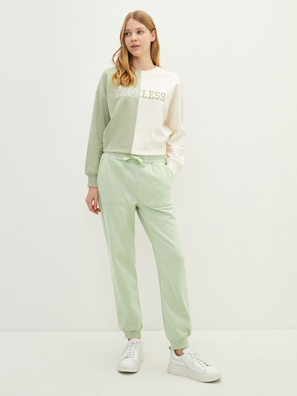 Yeşil Beli Lastikli Düz Cep Detaylı Kadın Kalın Eşofman Altı-4