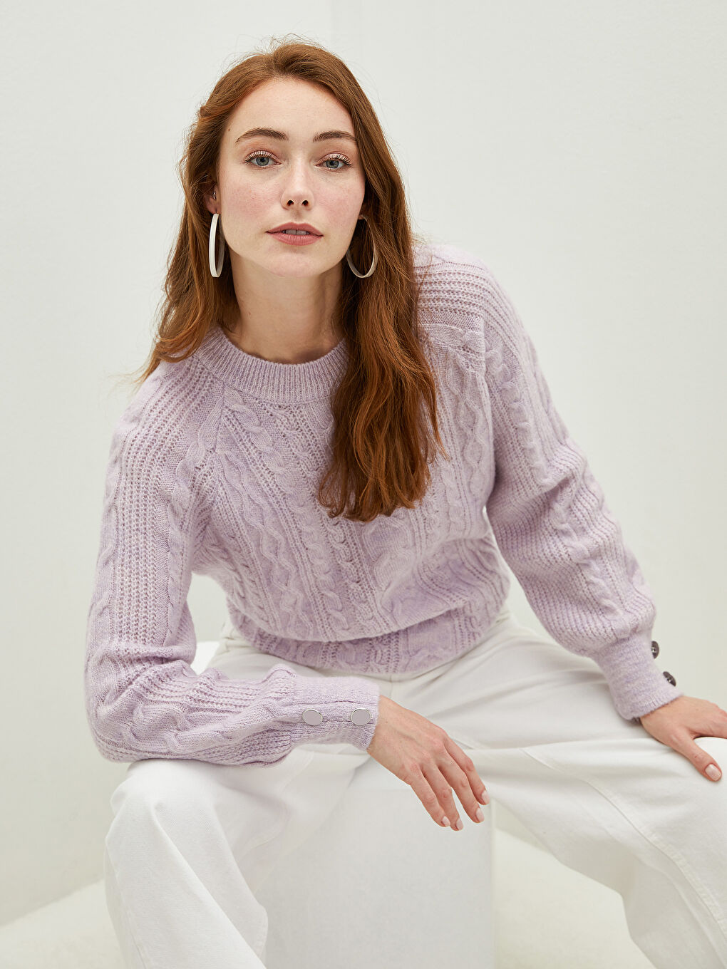 Lila Bisiklet Yaka Kendinden Desenli Uzun Kollu Kadın Triko Kazak