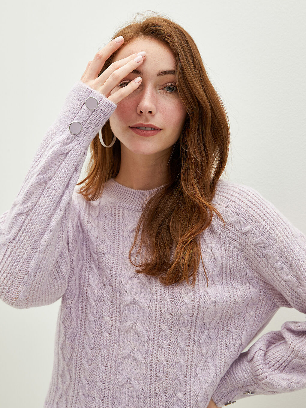 Lila Bisiklet Yaka Kendinden Desenli Uzun Kollu Kadın Triko Kazak-1