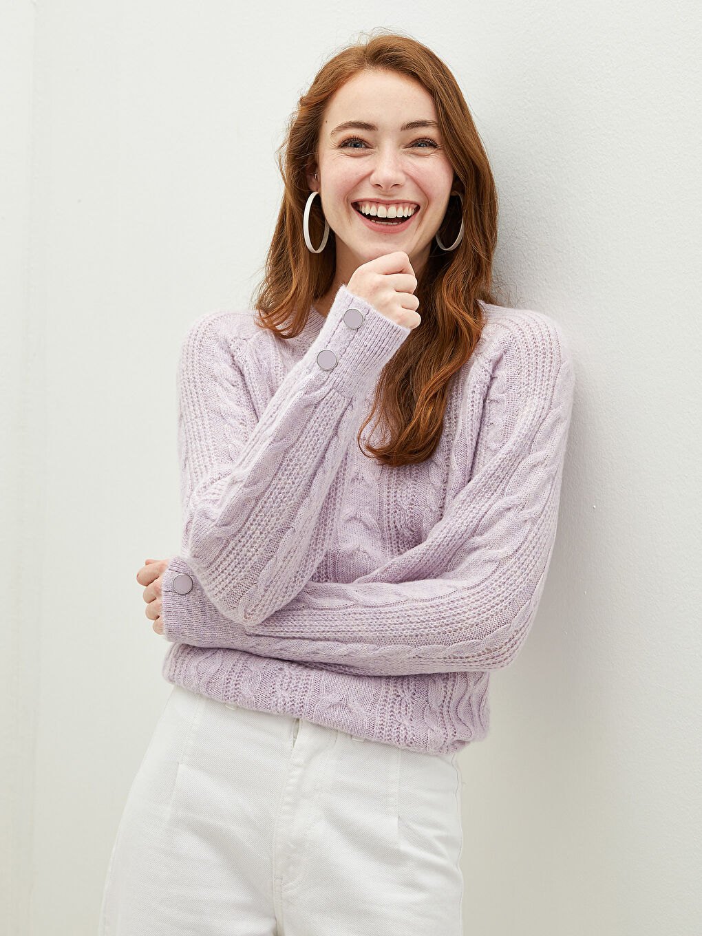 Lila Bisiklet Yaka Kendinden Desenli Uzun Kollu Kadın Triko Kazak-2