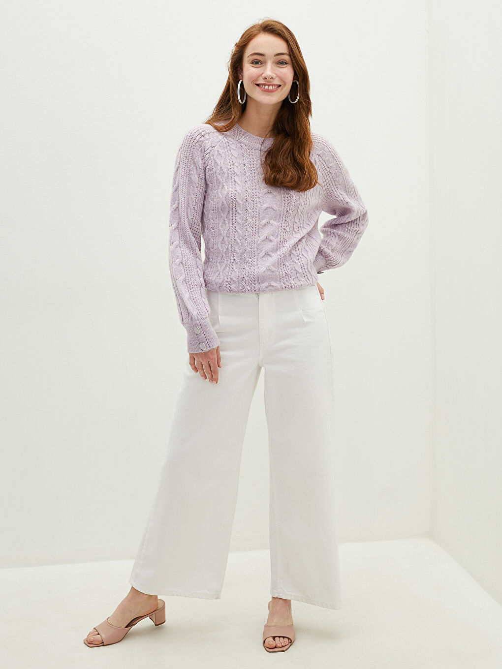 Lila Bisiklet Yaka Kendinden Desenli Uzun Kollu Kadın Triko Kazak-4