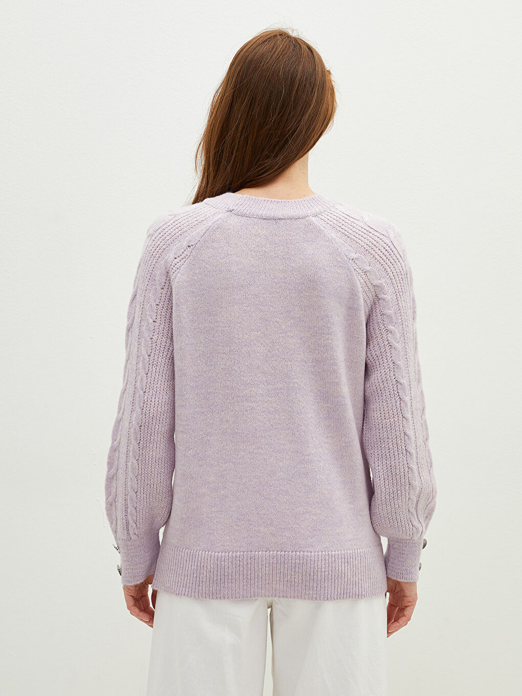 Lila Bisiklet Yaka Kendinden Desenli Uzun Kollu Kadın Triko Kazak-5