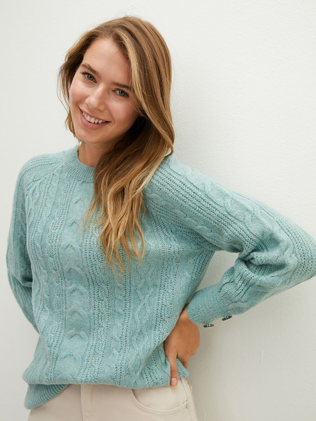 әйелдерге арналған дөңгелек жағалы өрнекті ұзын жең трикотаж жемпір-3