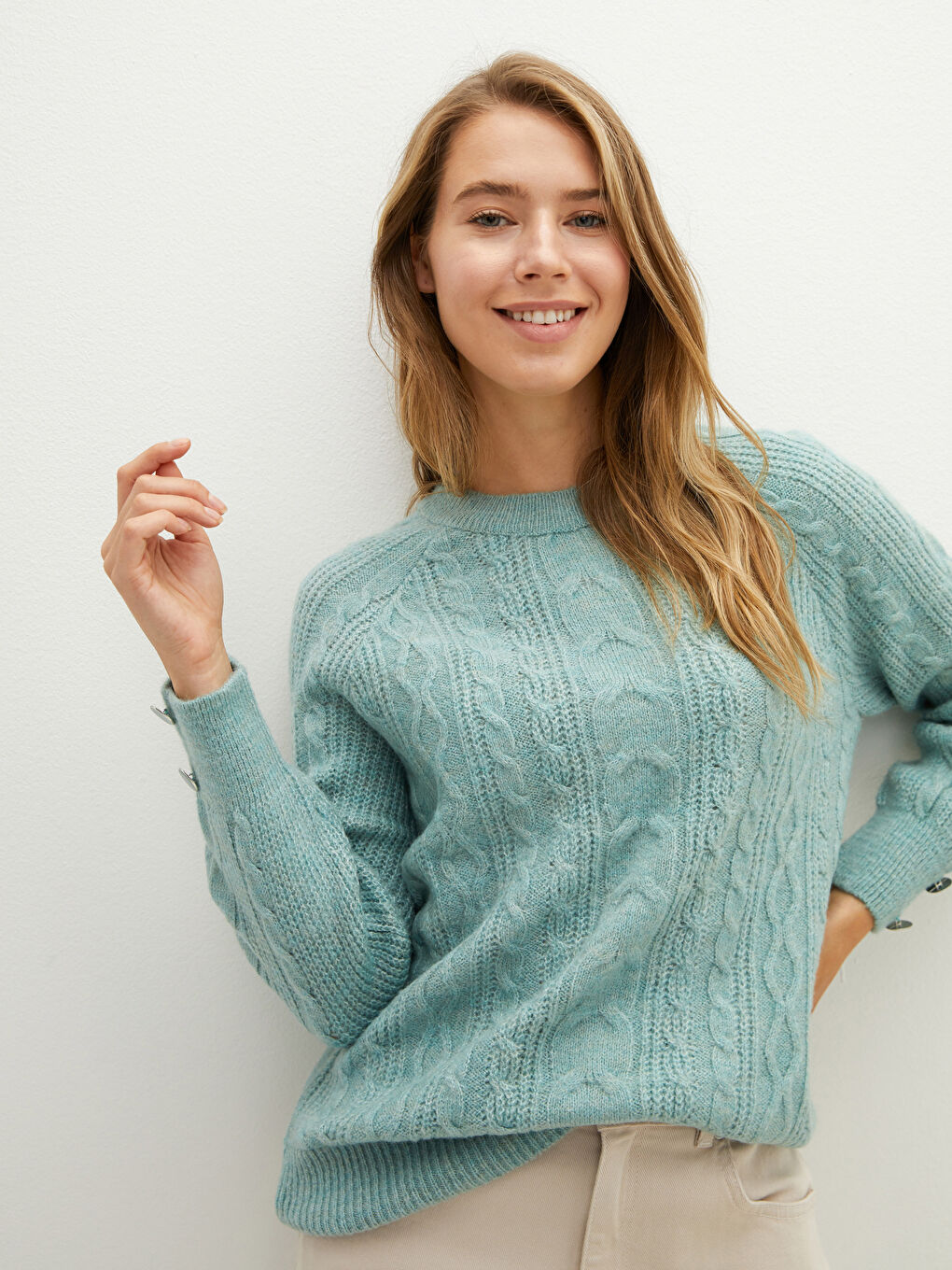 әйелдерге арналған дөңгелек жағалы өрнекті ұзын жең трикотаж жемпір-1