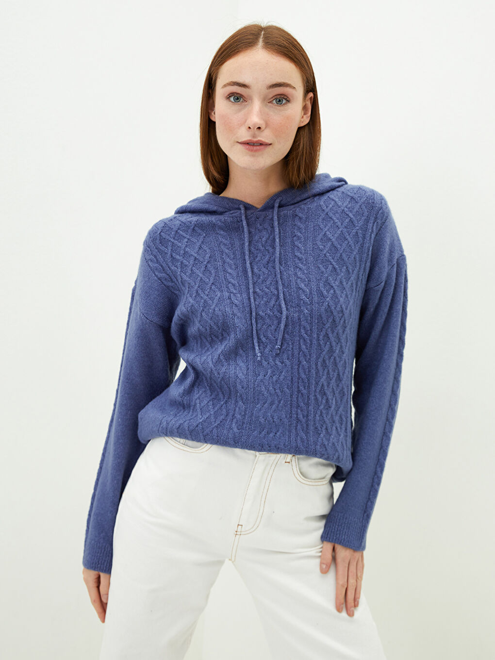 Hooded Collar Self Patterned Long Sleeve Women's Knitwear Sweater-1