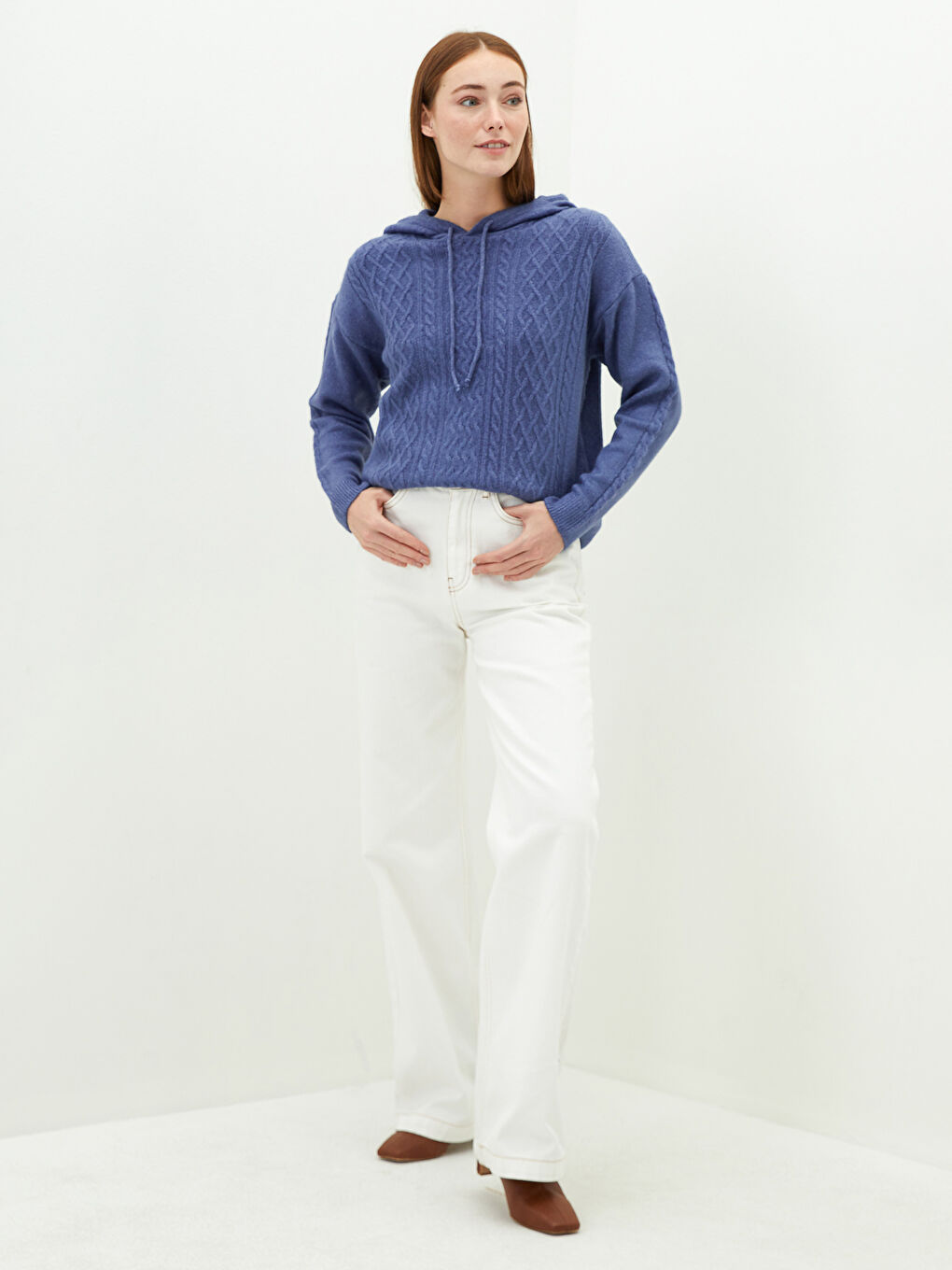 Hooded Collar Self Patterned Long Sleeve Women's Knitwear Sweater-2