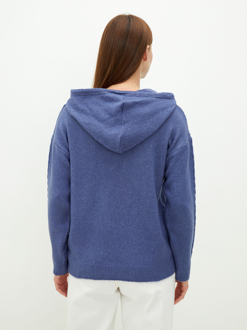 Hooded Collar Self Patterned Long Sleeve Women's Knitwear Sweater-3