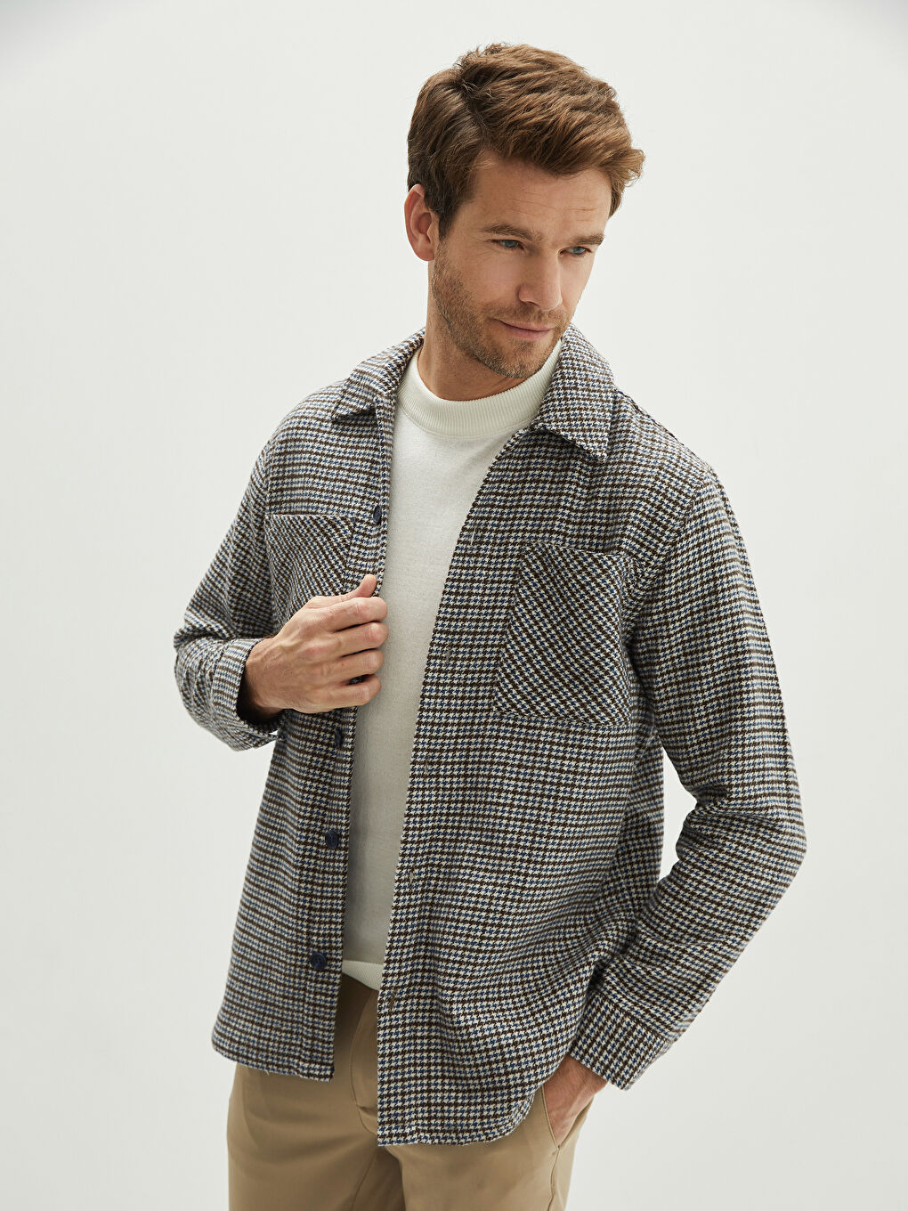 Lacivert Rahat Kalıp Uzun Kollu Kazayağı Desenli Erkek Gömlek Ceket