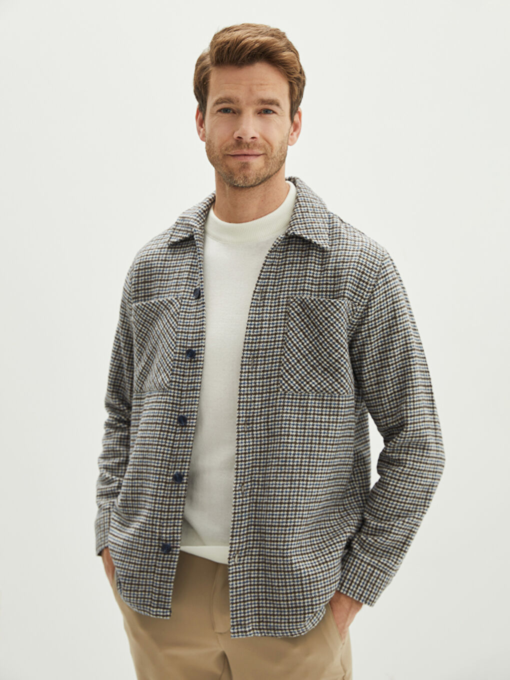 Lacivert Rahat Kalıp Uzun Kollu Kazayağı Desenli Erkek Gömlek Ceket-1