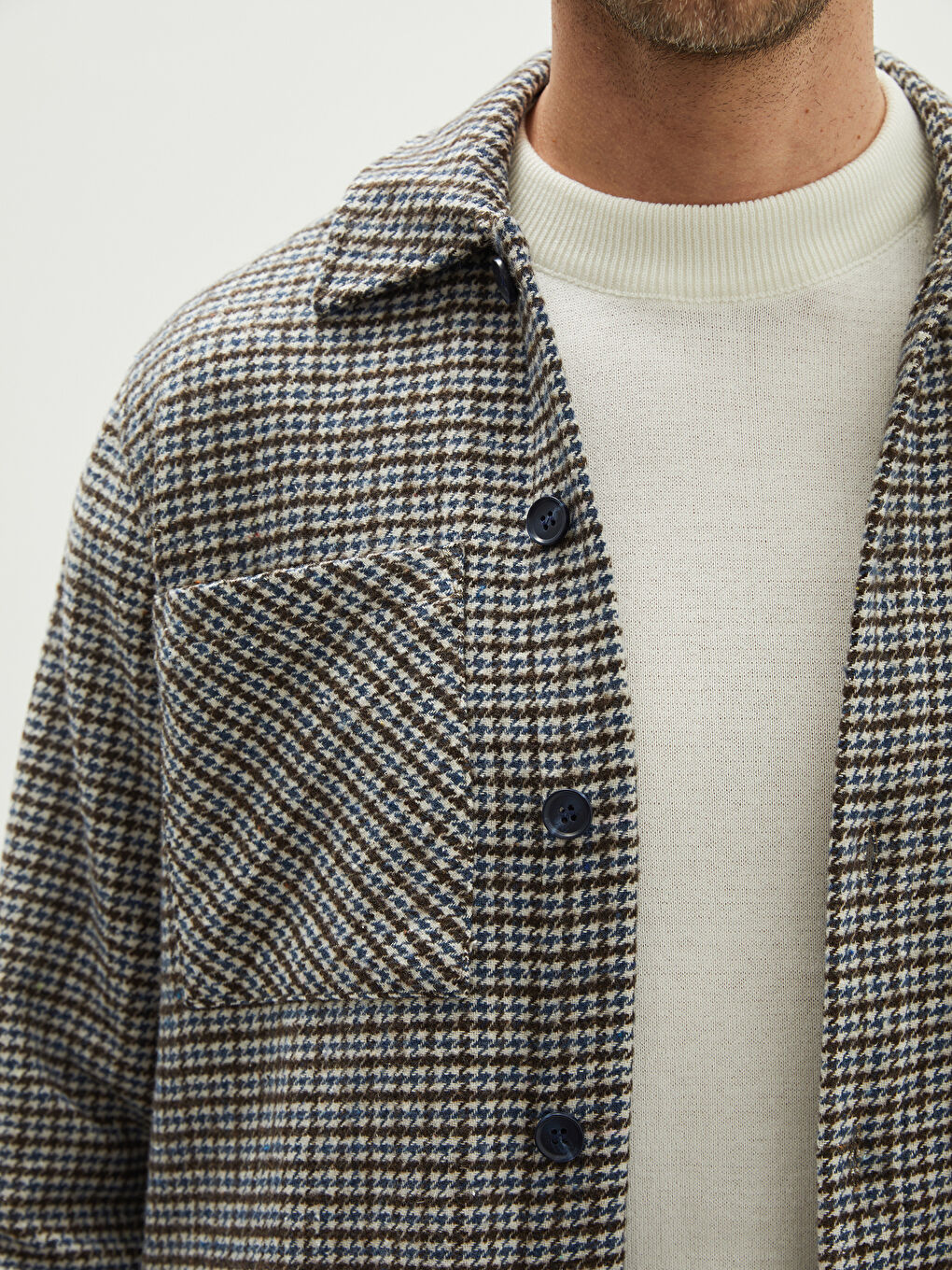 Lacivert Rahat Kalıp Uzun Kollu Kazayağı Desenli Erkek Gömlek Ceket-3