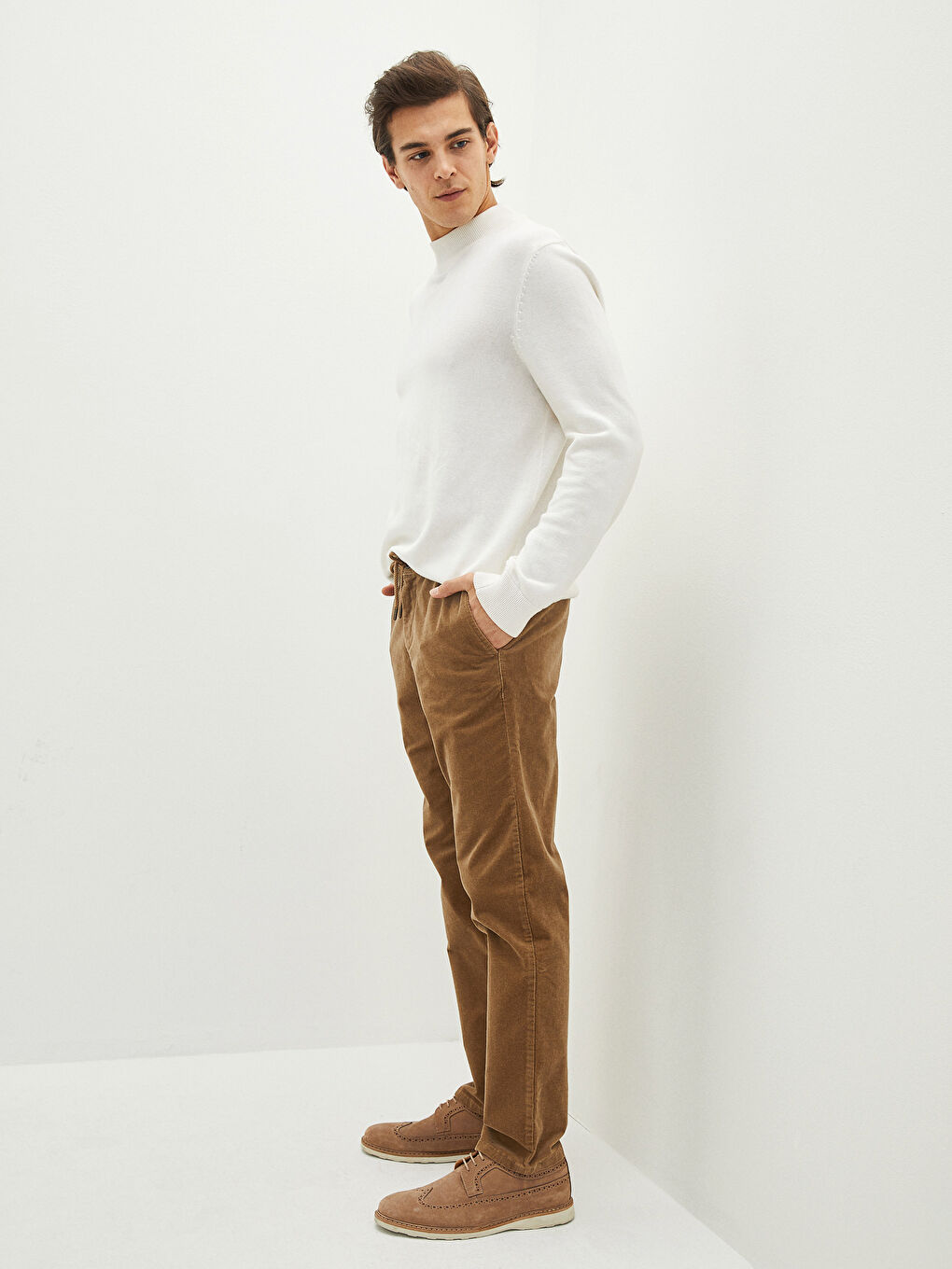 Bej Slim Fit Kalın Kadife Erkek Pantolon-1