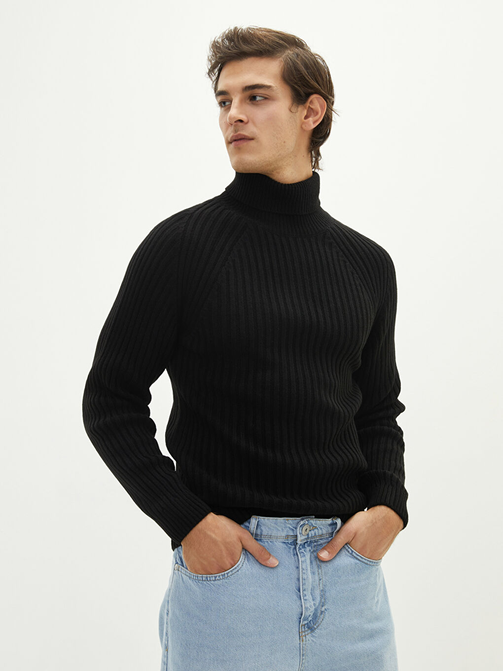 Siyah Balıkçı Yaka Uzun Kollu Kalın Erkek Triko Kazak-1