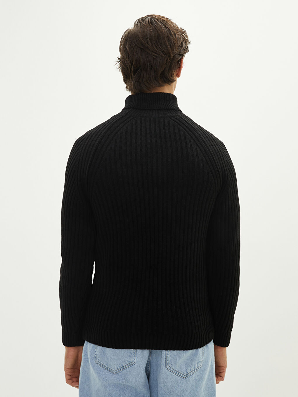 Siyah Balıkçı Yaka Uzun Kollu Kalın Erkek Triko Kazak-4