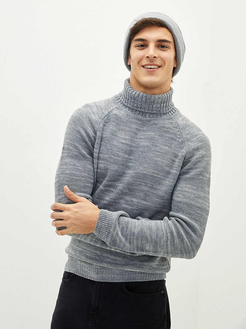 Gri Balıkçı Yaka Uzun Kollu Kalın Erkek Triko Kazak-1