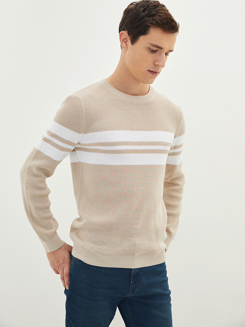 Crew Neck Long Sleeve Striped Men's Knitwear Sweater