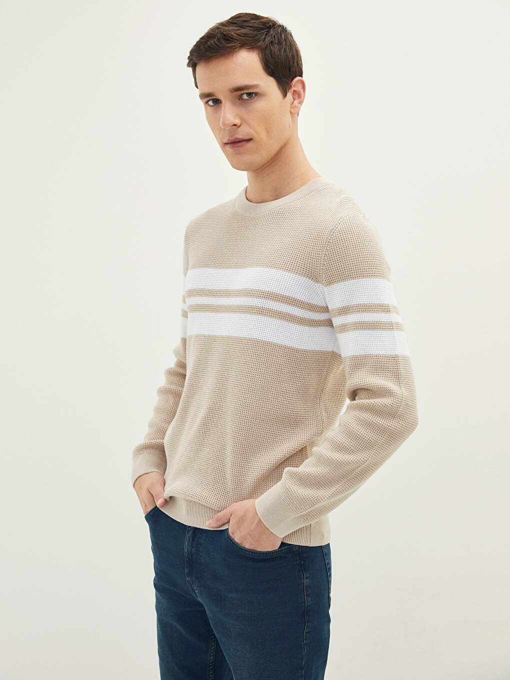 Crew Neck Long Sleeve Striped Men's Knitwear Sweater-1
