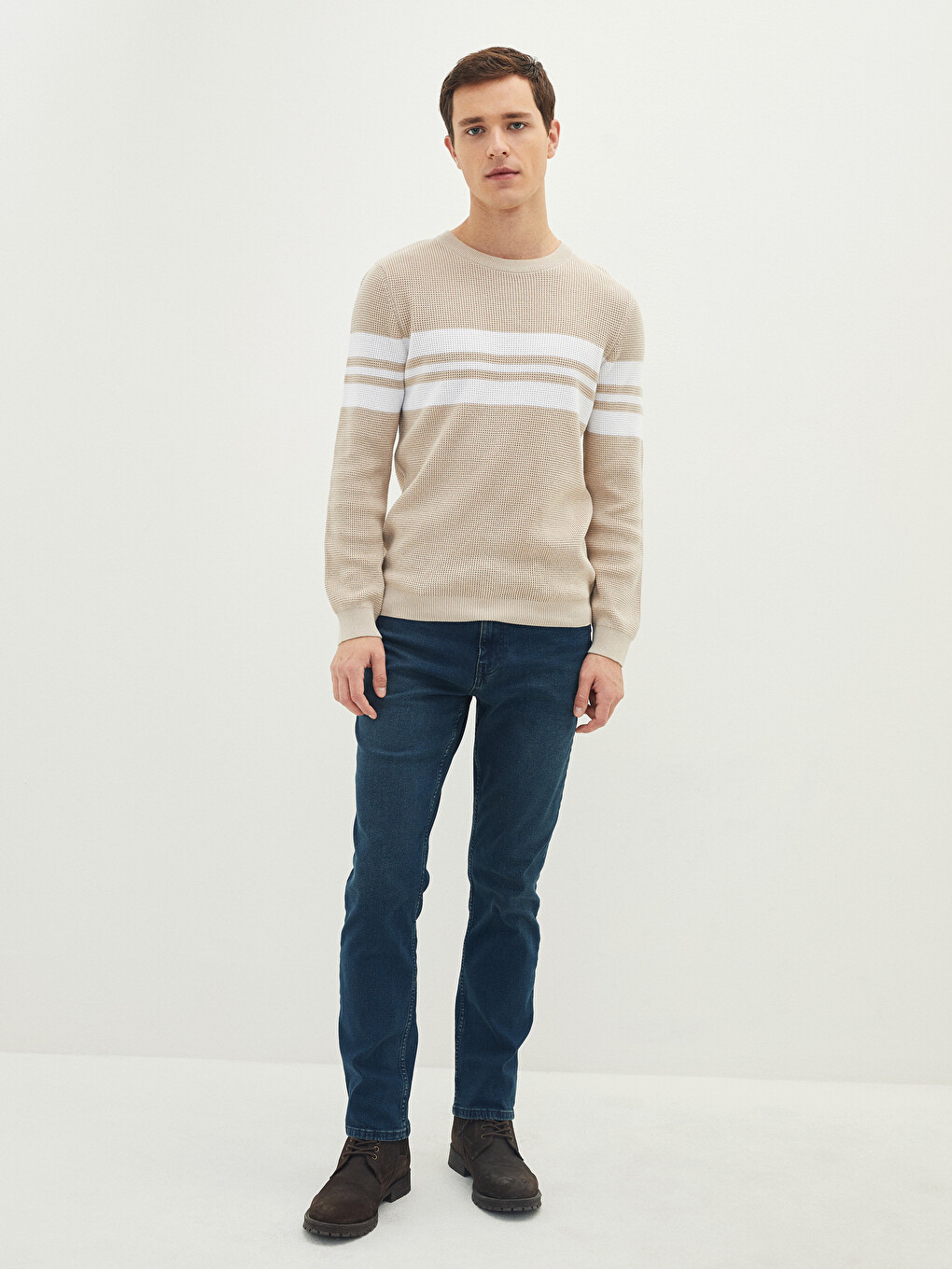 Crew Neck Long Sleeve Striped Men's Knitwear Sweater-3