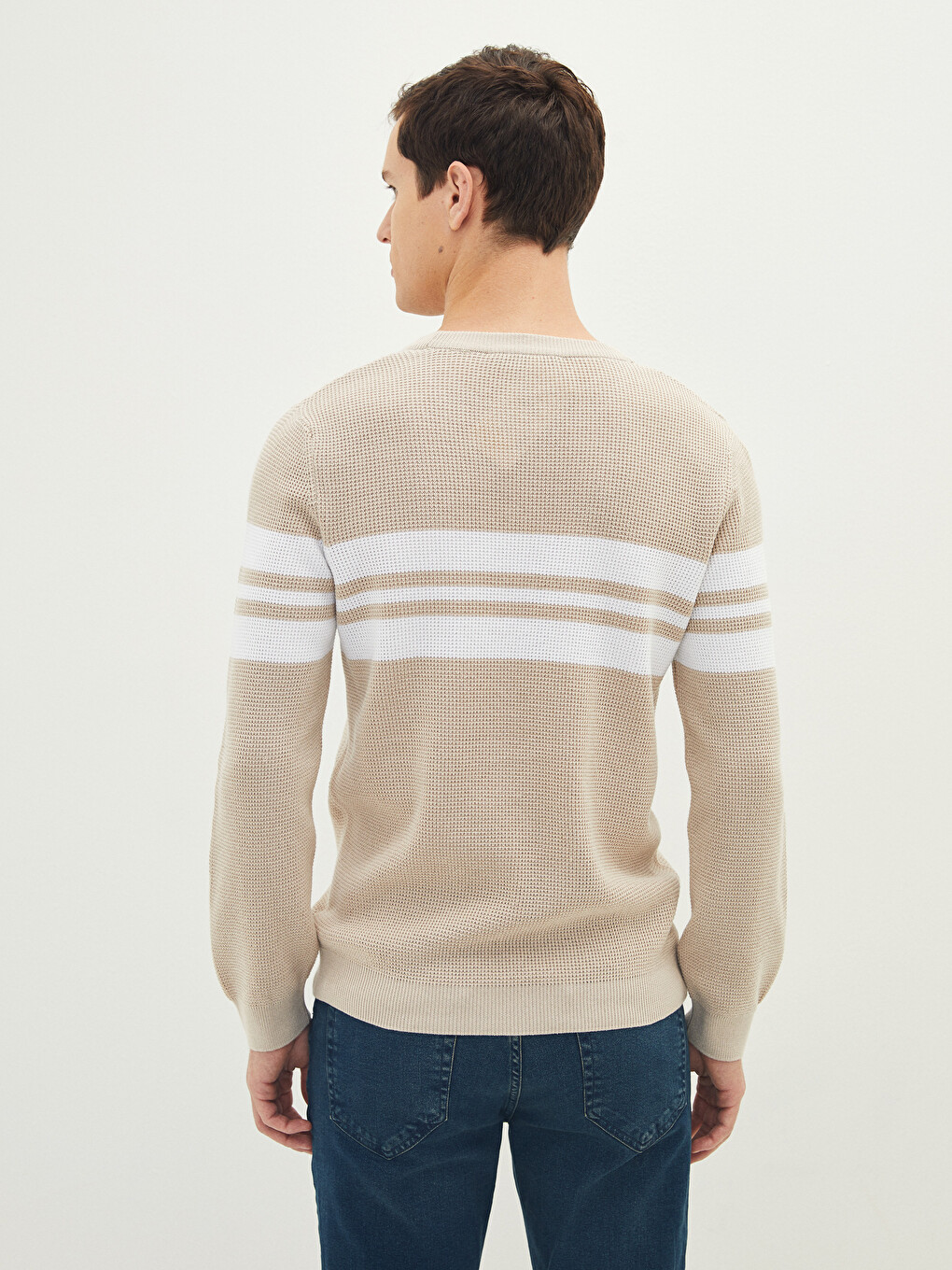 Crew Neck Long Sleeve Striped Men's Knitwear Sweater-4