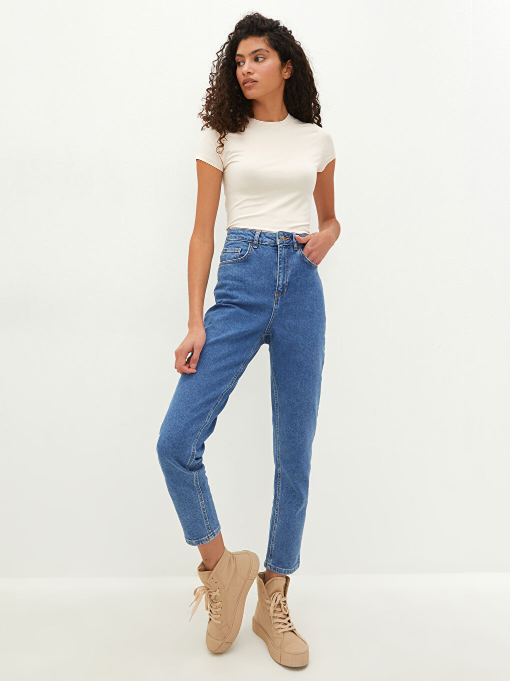 İndigo Yüksek Bel Slim Fit Cep Detaylı Kadın Rodeo Jean Pantolon-1