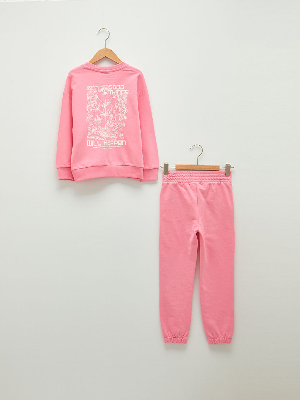 Қыздарға арналған дөңгелек жағалы принтті ұзын жең свитшот және спорттық шалбар-1