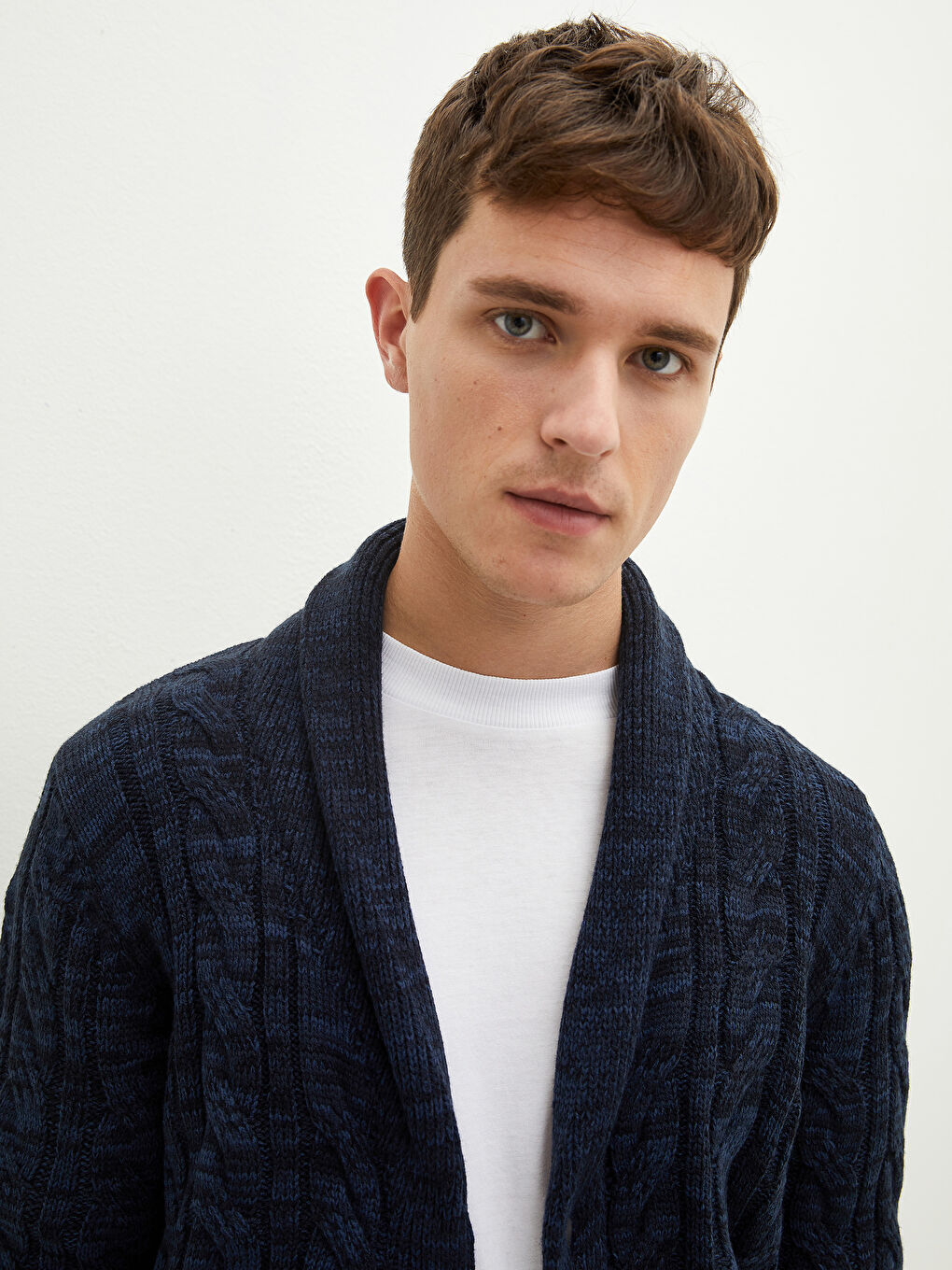 Кардиган из трикотажа с шалевым воротником, с длинным рукавом, слим-фит для мужчин-3