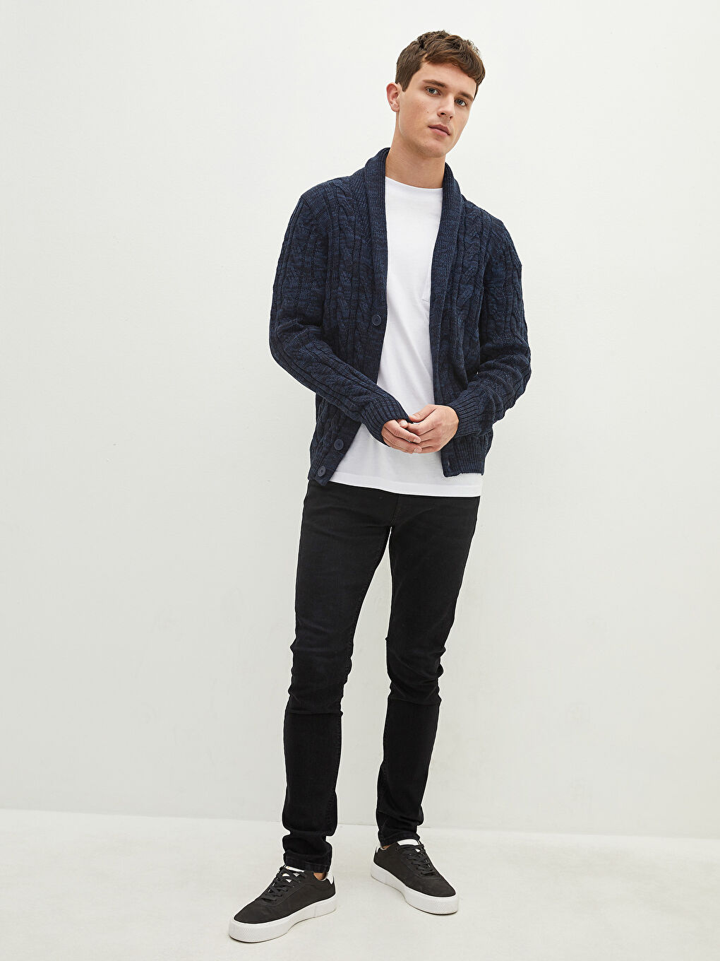 Кардиган из трикотажа с шалевым воротником, с длинным рукавом, слим-фит для мужчин-4