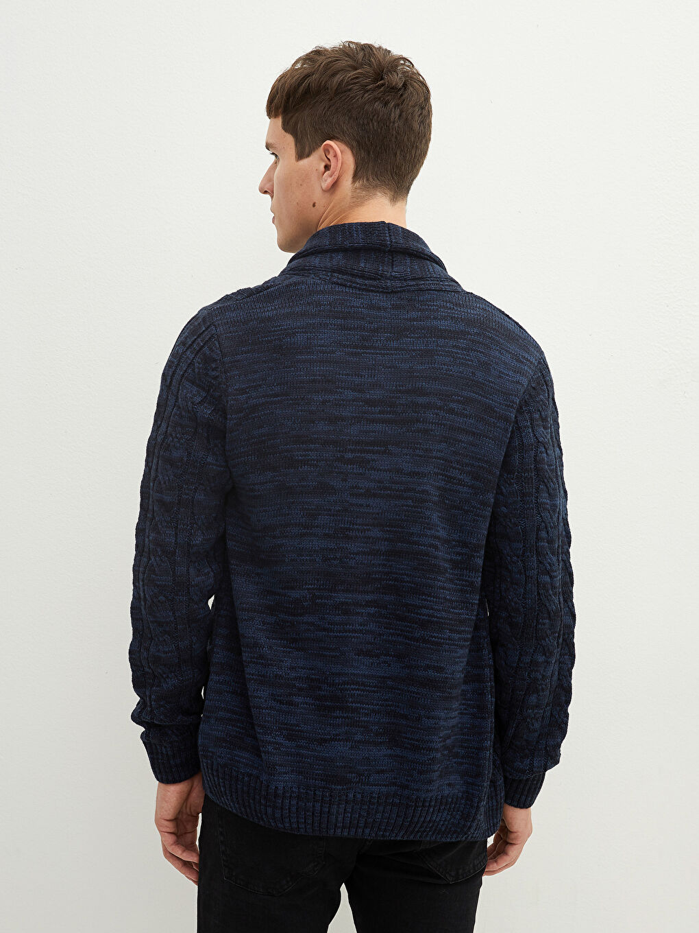 Кардиган из трикотажа с шалевым воротником, с длинным рукавом, слим-фит для мужчин-5