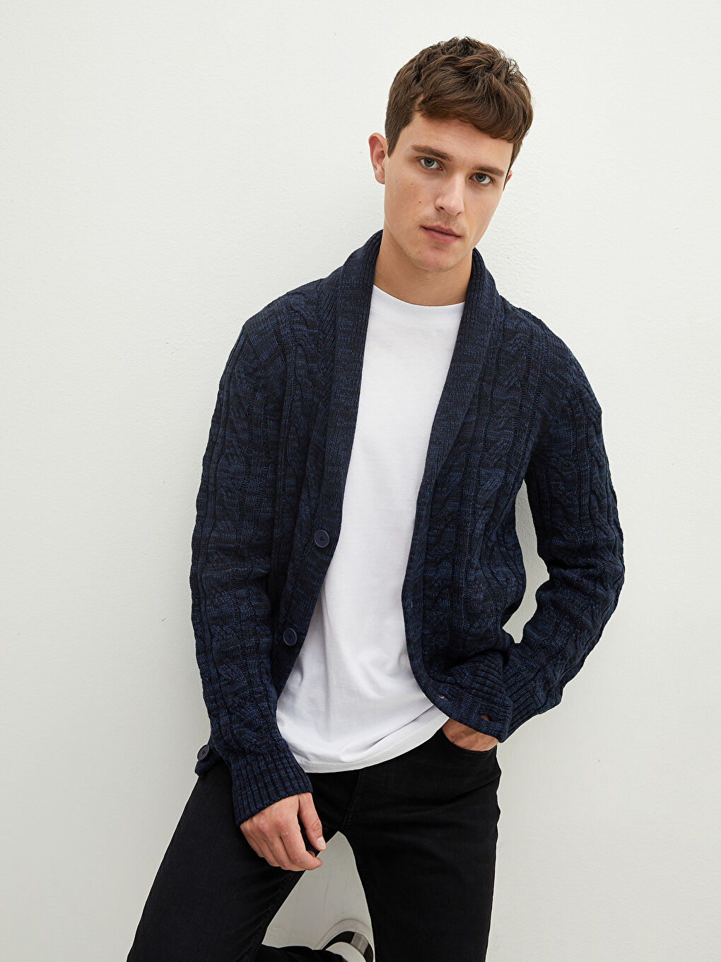 Кардиган из трикотажа с шалевым воротником, с длинным рукавом, слим-фит для мужчин