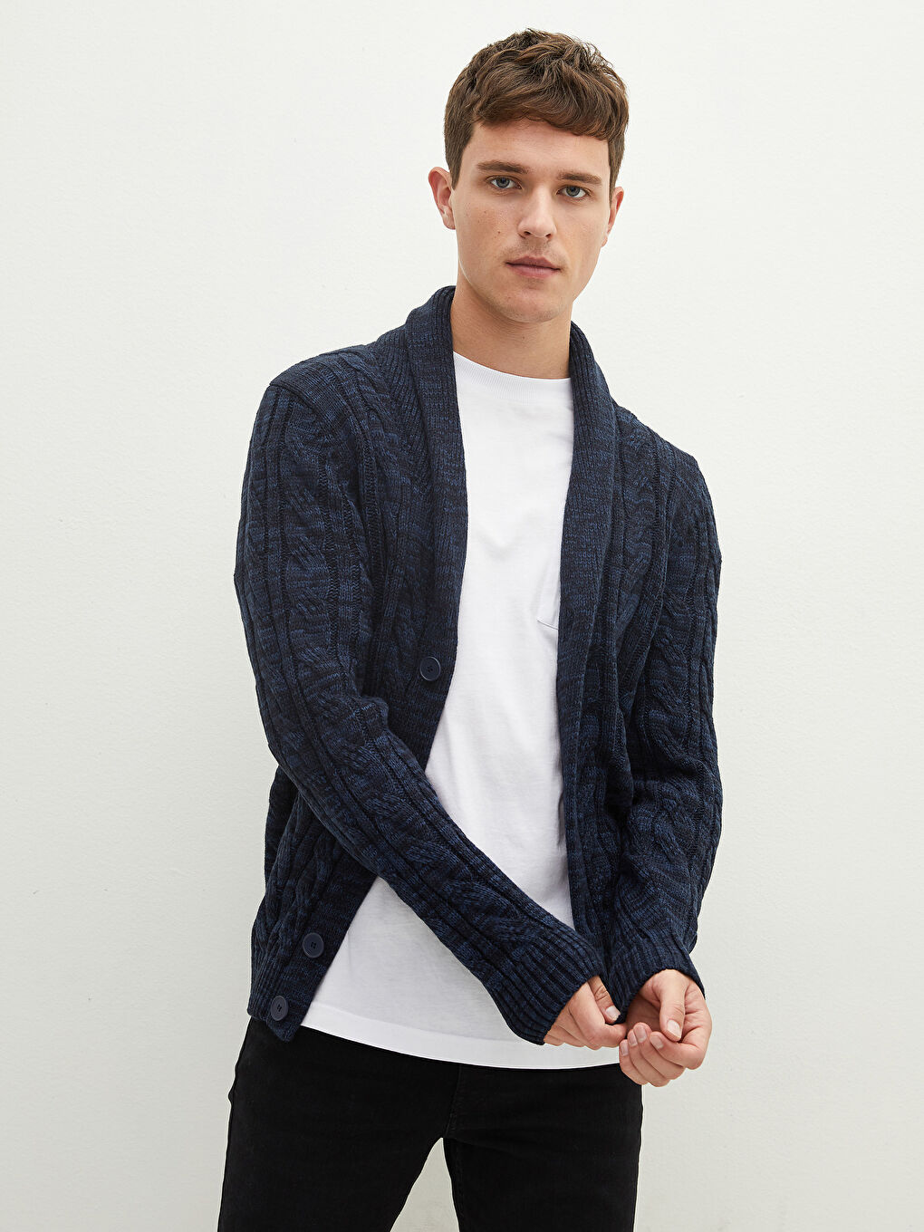 Кардиган из трикотажа с шалевым воротником, с длинным рукавом, слим-фит для мужчин-1