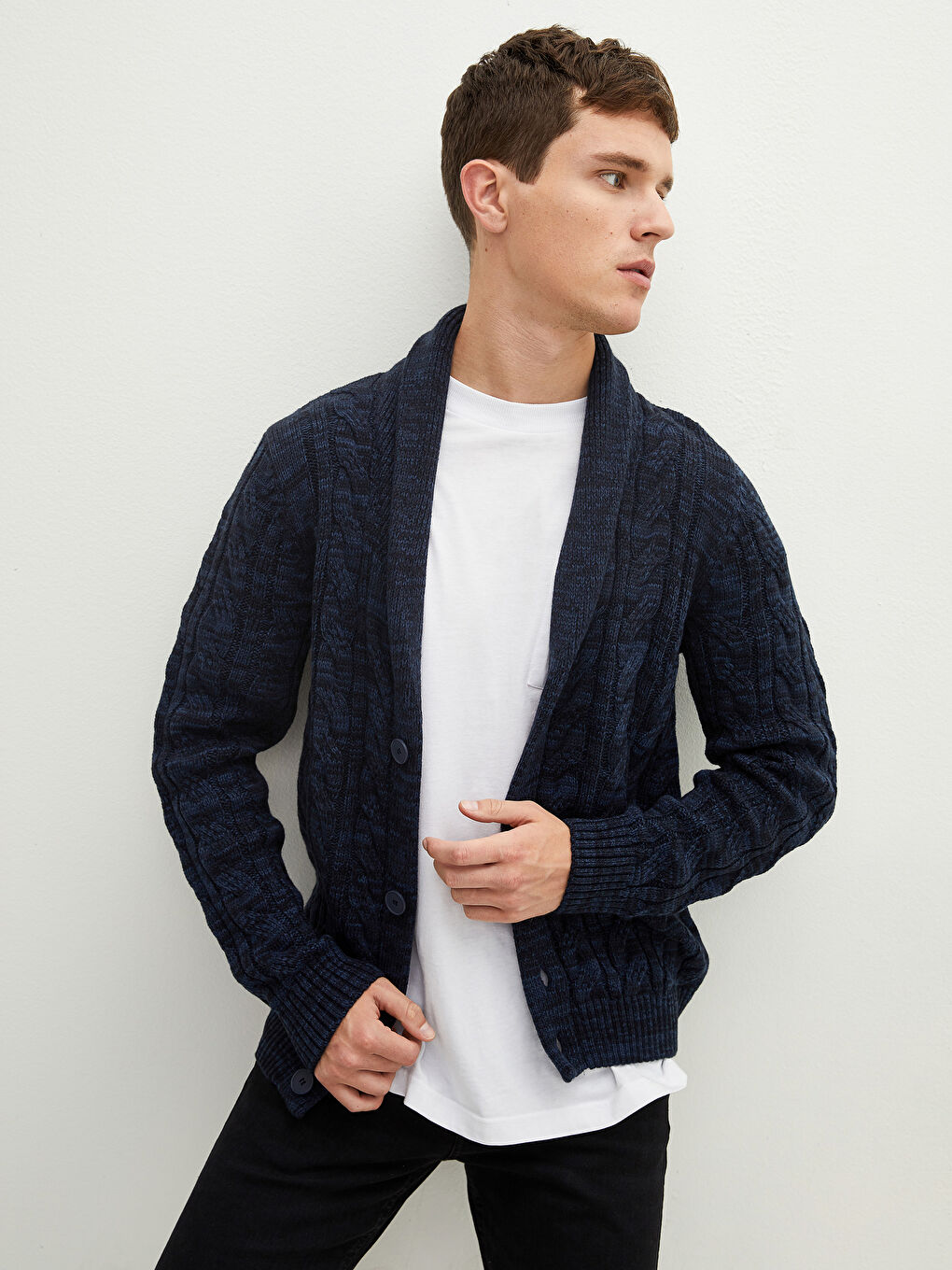 Кардиган из трикотажа с шалевым воротником, с длинным рукавом, слим-фит для мужчин-2
