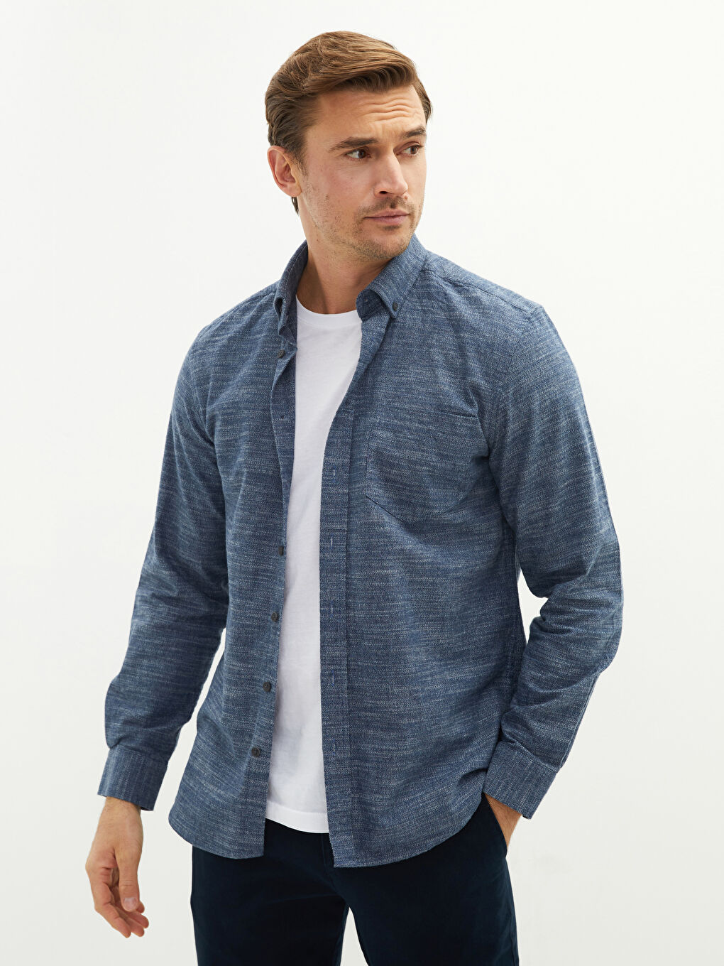 Cămașă pentru Bărbați cu Mânecă Lungă, Material Țesătură Dobby, Croială Regulară-1