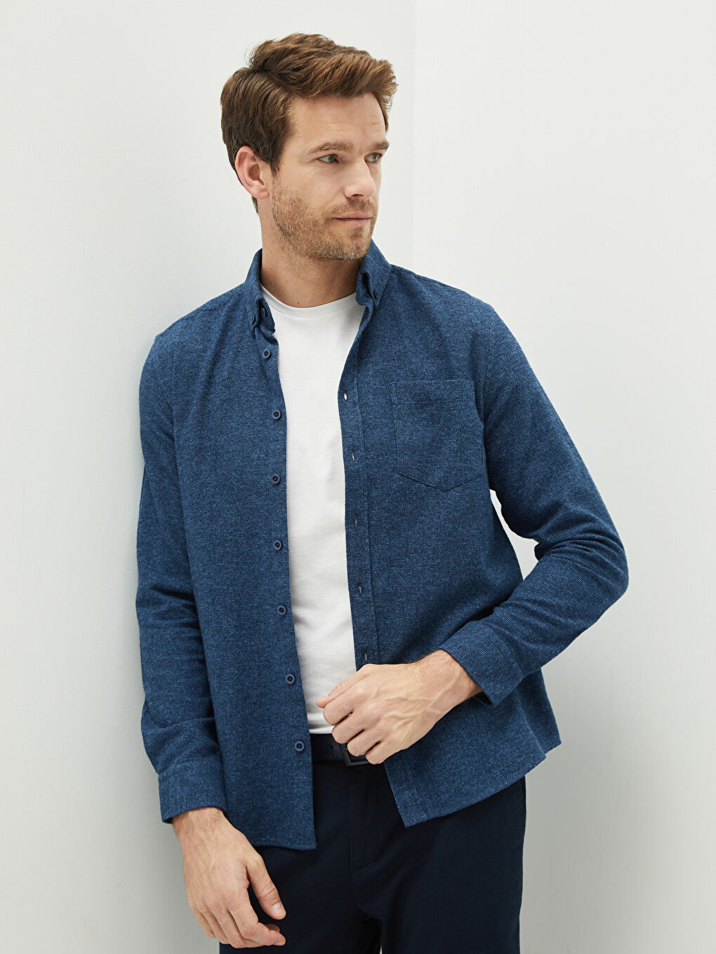 Lacivert Regular Fit Uzun Kollu Erkek Gömlek-1