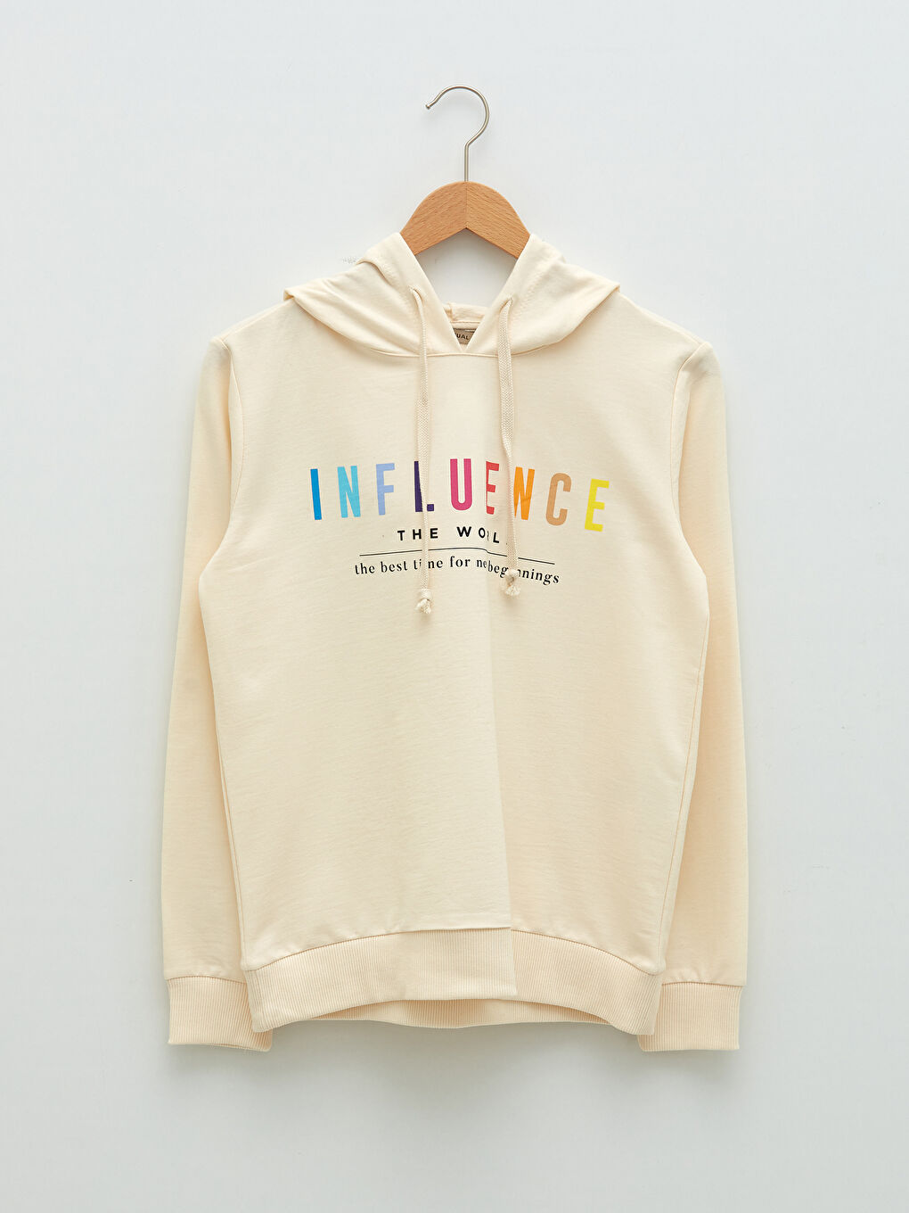 Bej Kapüşon Yaka Baskılı Uzun Kollu Kadın Sweatshirt-5