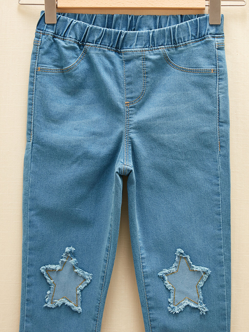 Elastic Waist Embroidery Detailed Girl Jean Trousers-1