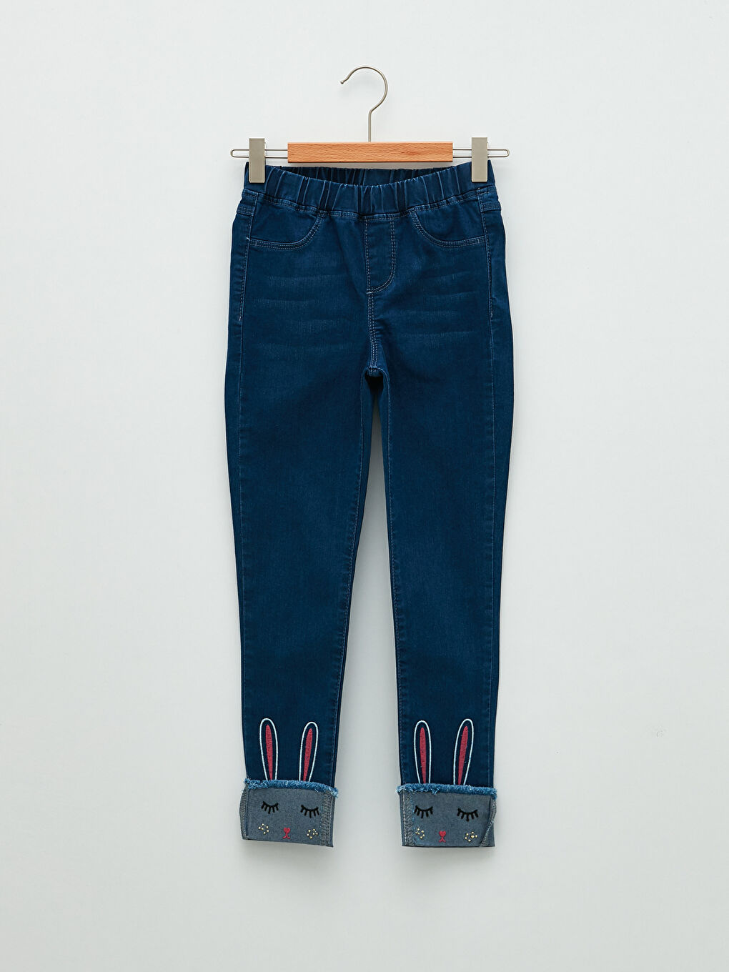 İndigo Beli Lastikli Super Skinny Fit Nakışlı Kız Çocuk Jean Pantolon