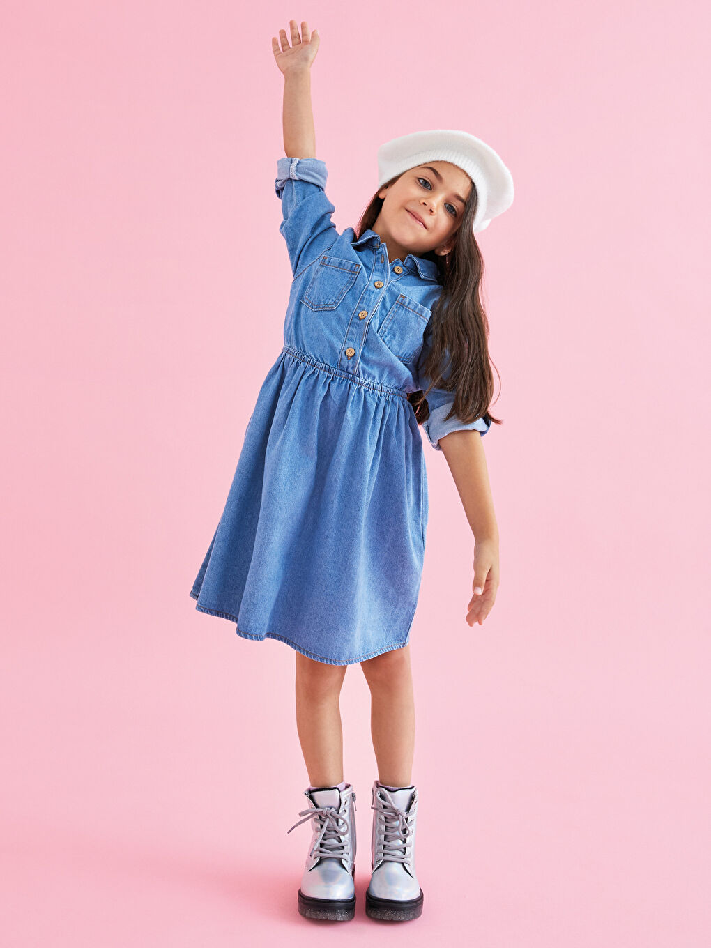 Robe en jean à col de chemise et manches longues pour fille
