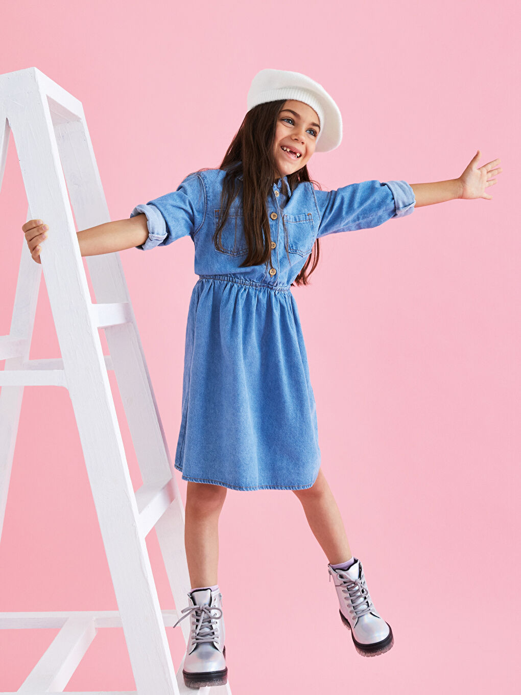 Robe en jean à col de chemise et manches longues pour fille-1