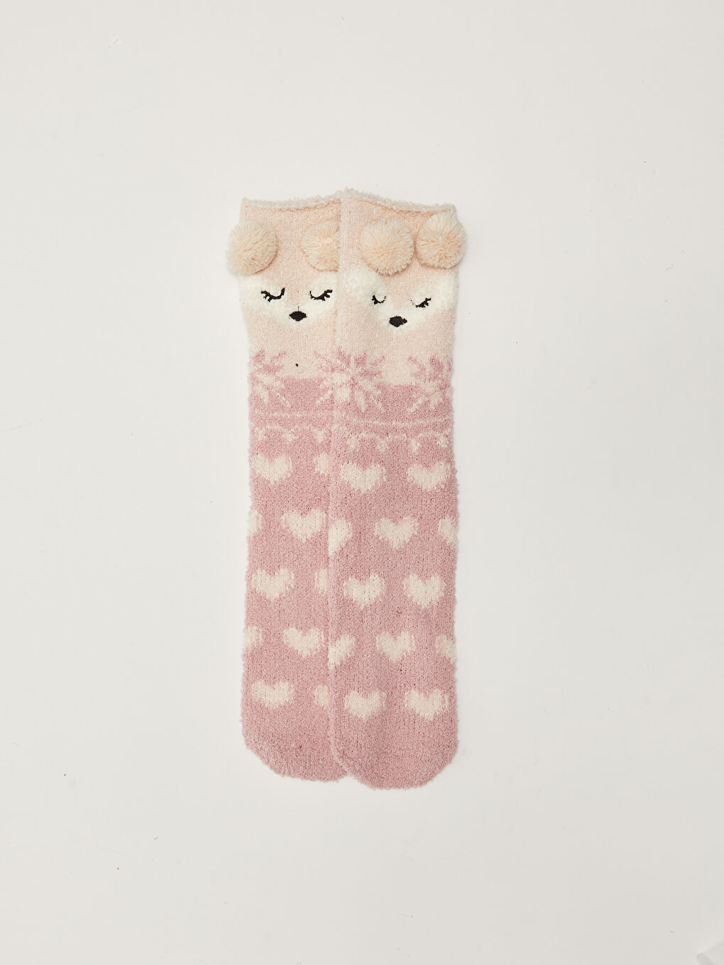 Pembe Desenli Ponpon Detaylı Kadın Ev Çorabı