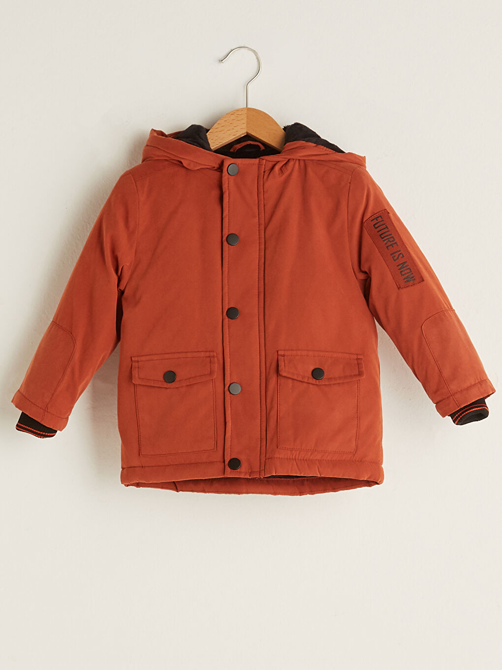 Turuncu Kapüşonlu Uzun Kol Erkek Bebek Fermuarlı Mont