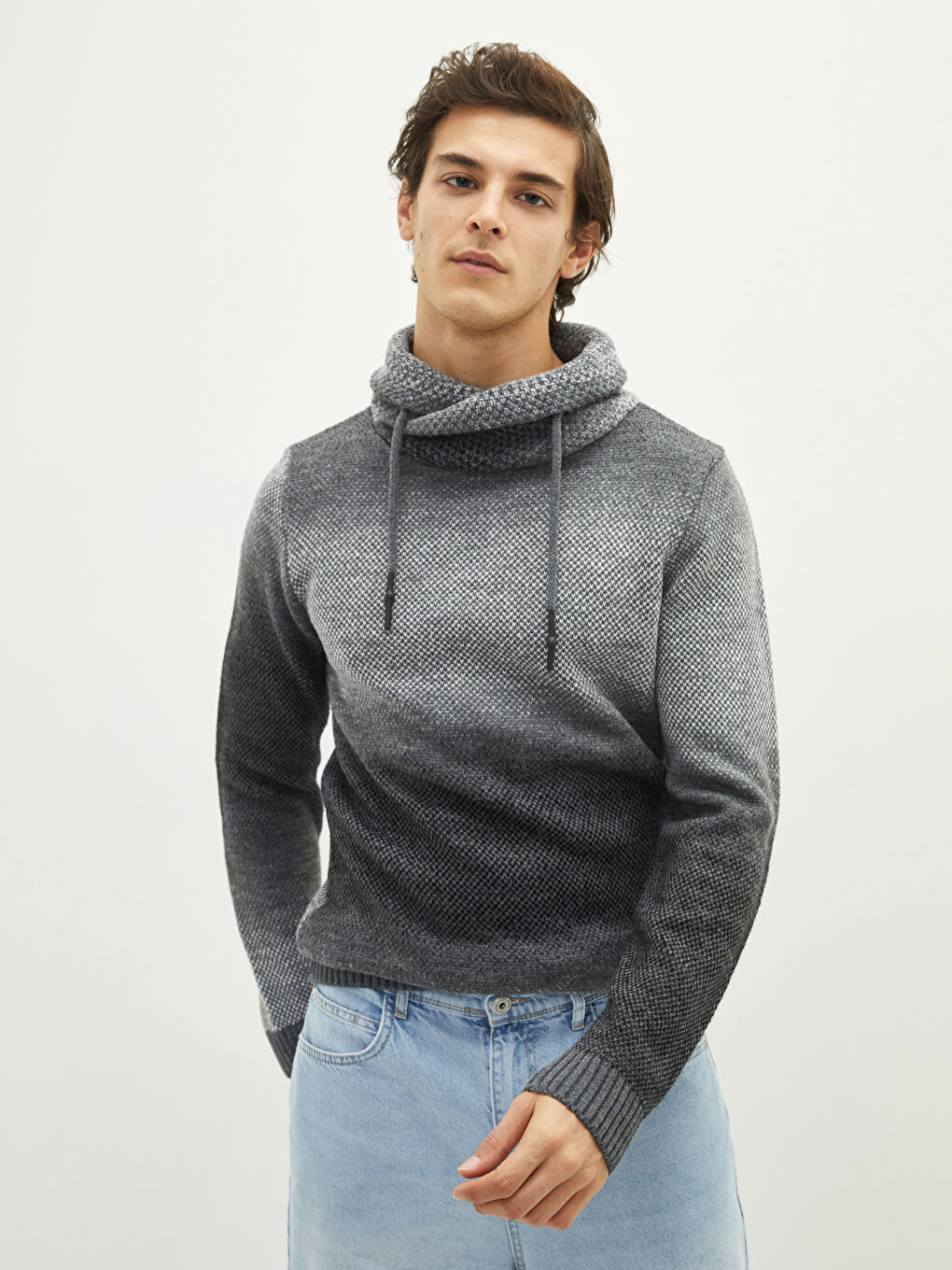 Antrasit Keşiş Yaka Uzun Kollu Erkek Triko Kazak-1